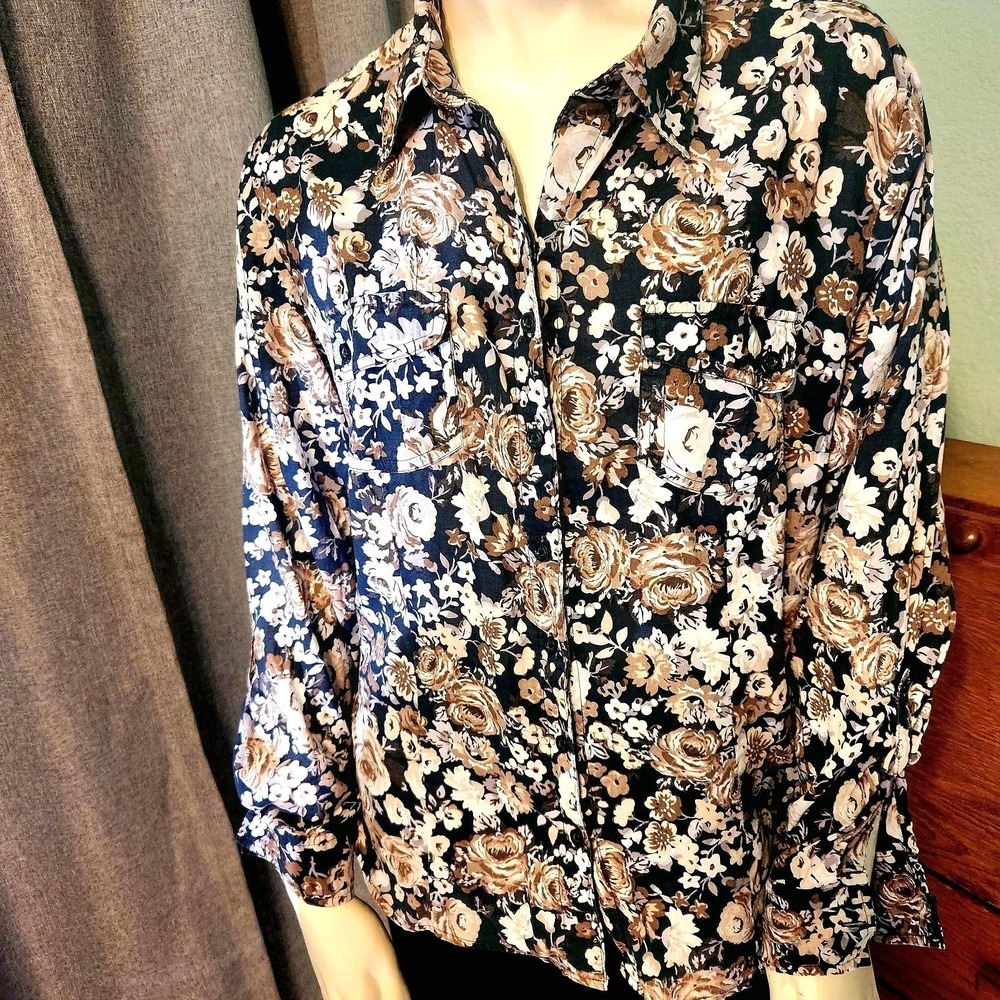 CANDA C&A Western Style Rose Floral Long Sleeve Buttonup Top Sz ‎ M UK Designer